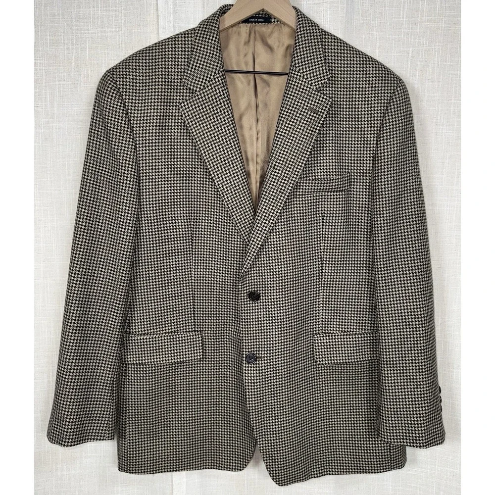 Vtg Ralph Lauren Blazer Men's 44R Brown Houndstooth Wool Coat Suit Jacket